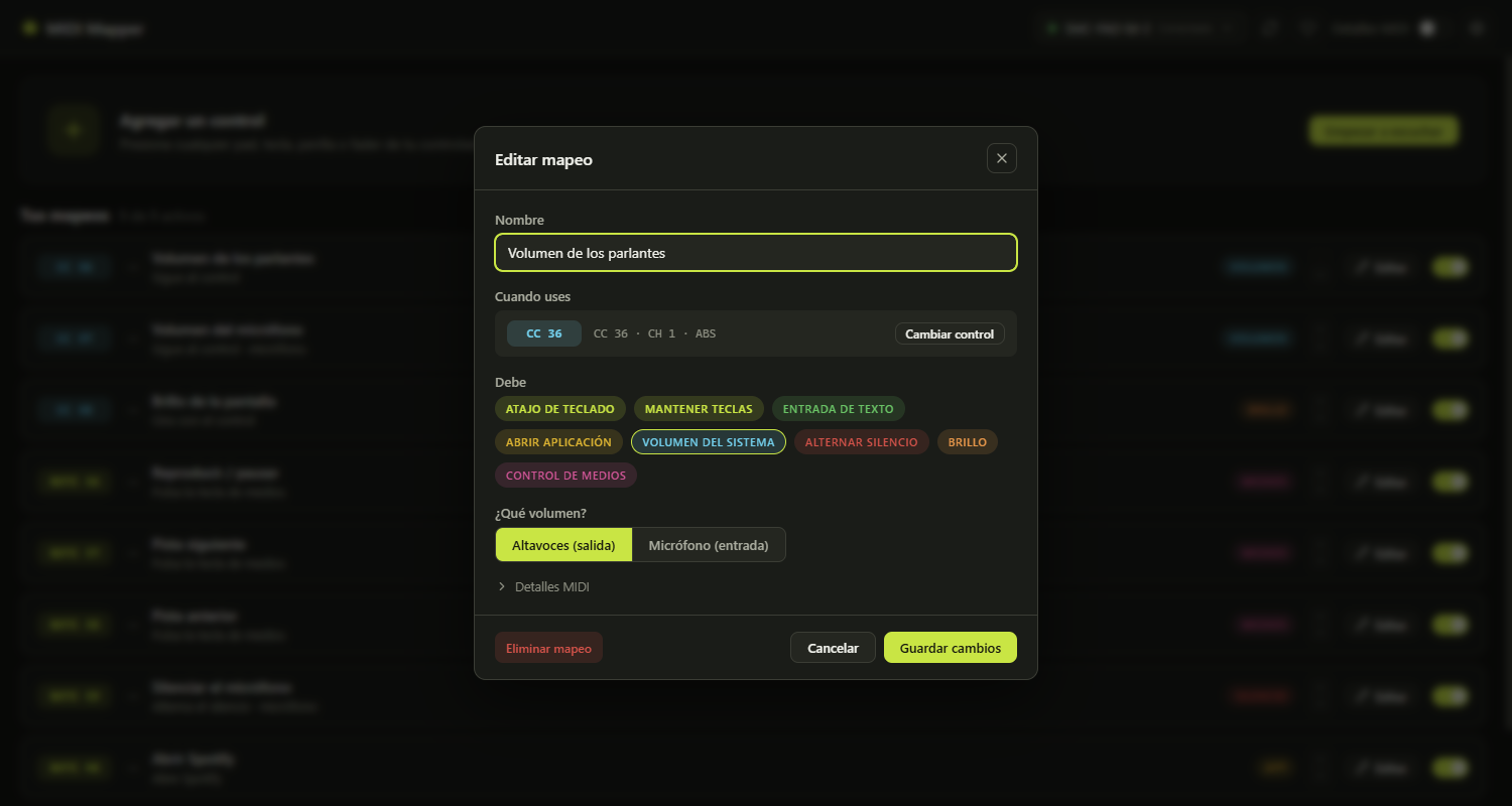 El editor de asignaciones: campo de nombre, el control al que responde la asignación, los tipos de acción como pastillas seleccionables y los detalles MIDI plegados