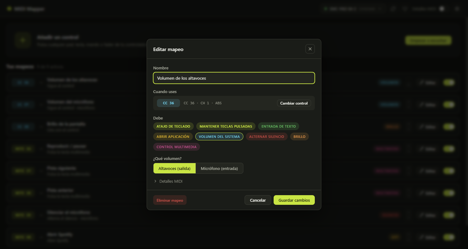 El editor de asignaciones: campo de nombre, el control al que responde la asignación, los tipos de acción como pastillas seleccionables y los detalles MIDI plegados
