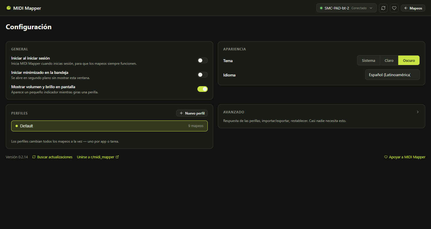 La configuración de MIDI Mapper, organizada en las tarjetas General, Apariencia, Perfiles y Avanzado
